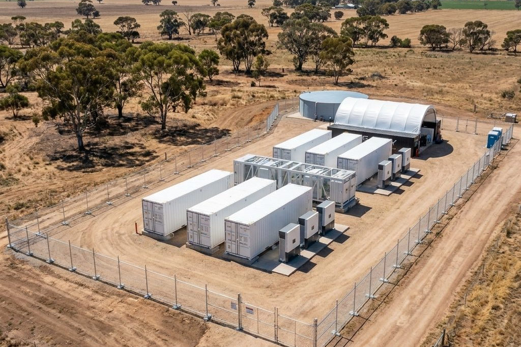 Aerial photograph of a Volt Reserve battery storage facility in regional Australian farmland