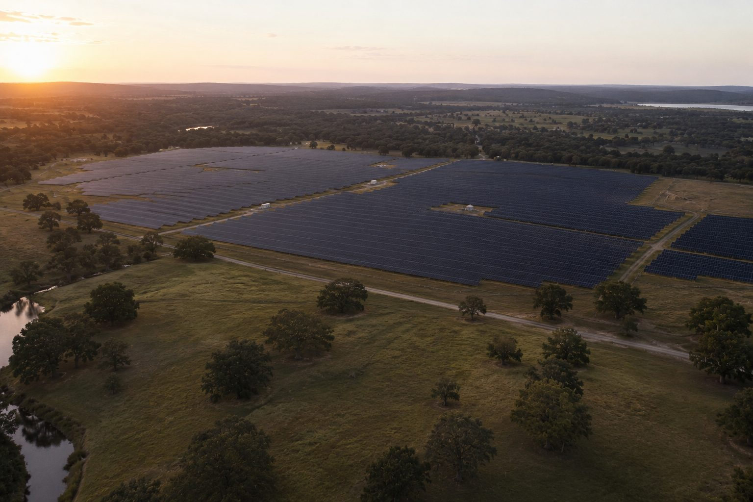 Aerial view of a utility scale Volt solar farm at golden hour